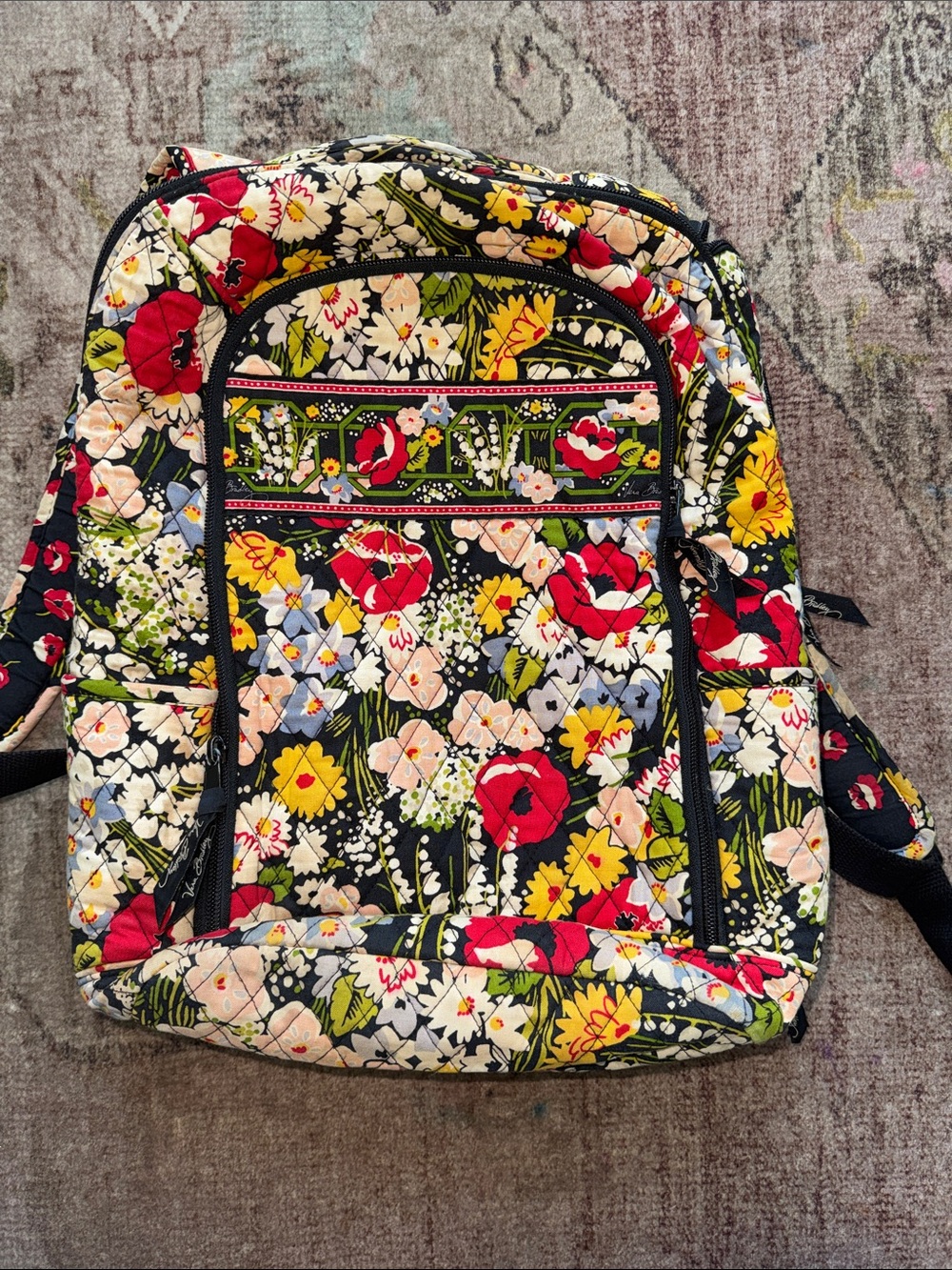 Vera Bradley Poppy Fields Retired Pattern Black Multi Floral Quilted Backpack